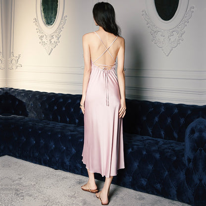 Women's Spring and Summer Swing Collar  Satin Homewear Thin Strap Dress Fresh