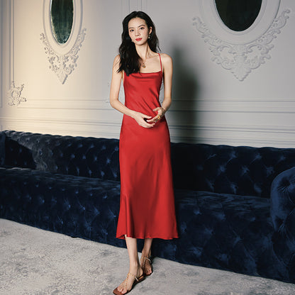Women's Spring and Summer Swing Collar  Satin Homewear Thin Strap Dress Fresh