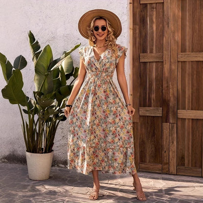 Clothing  Elegant Floral Print V-Neck Short Sleeve Fitted Dress
