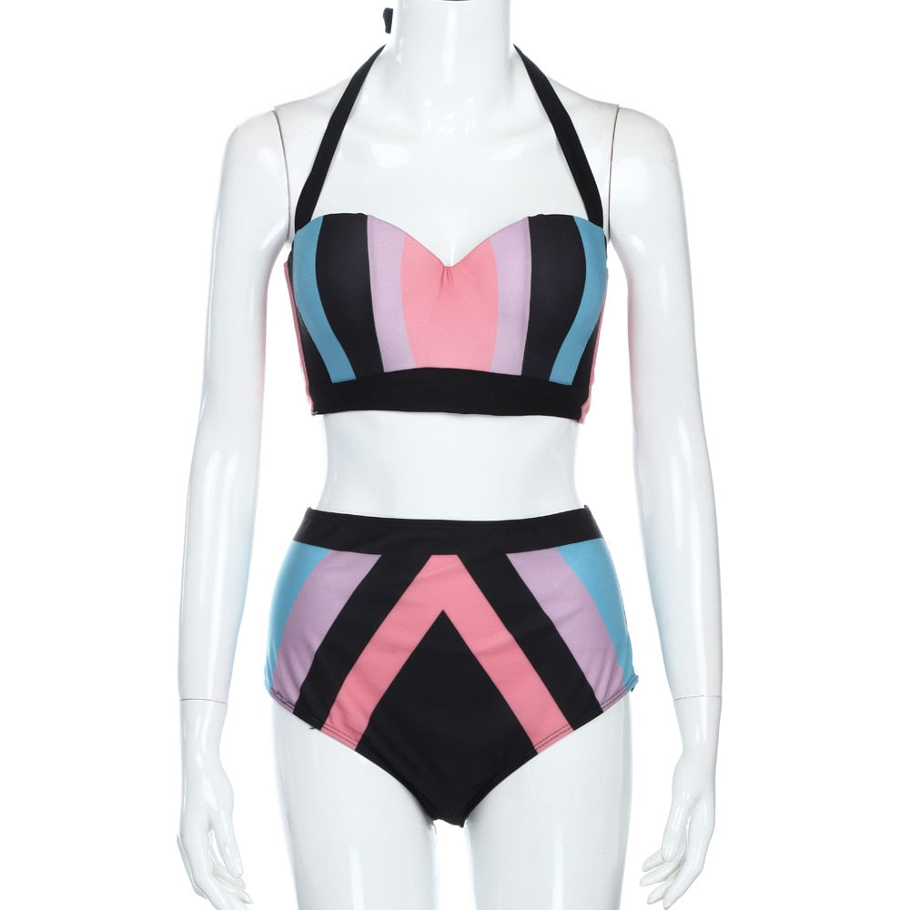 Plus Size Push Up women swimsuit bikini set Large size rainbow color high waist lady swimming suit bath shower wear bikini