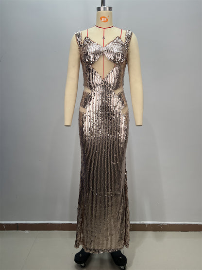 New Backless V-neck Sleeveless Fitted Sequined Casual Long Dress for Party