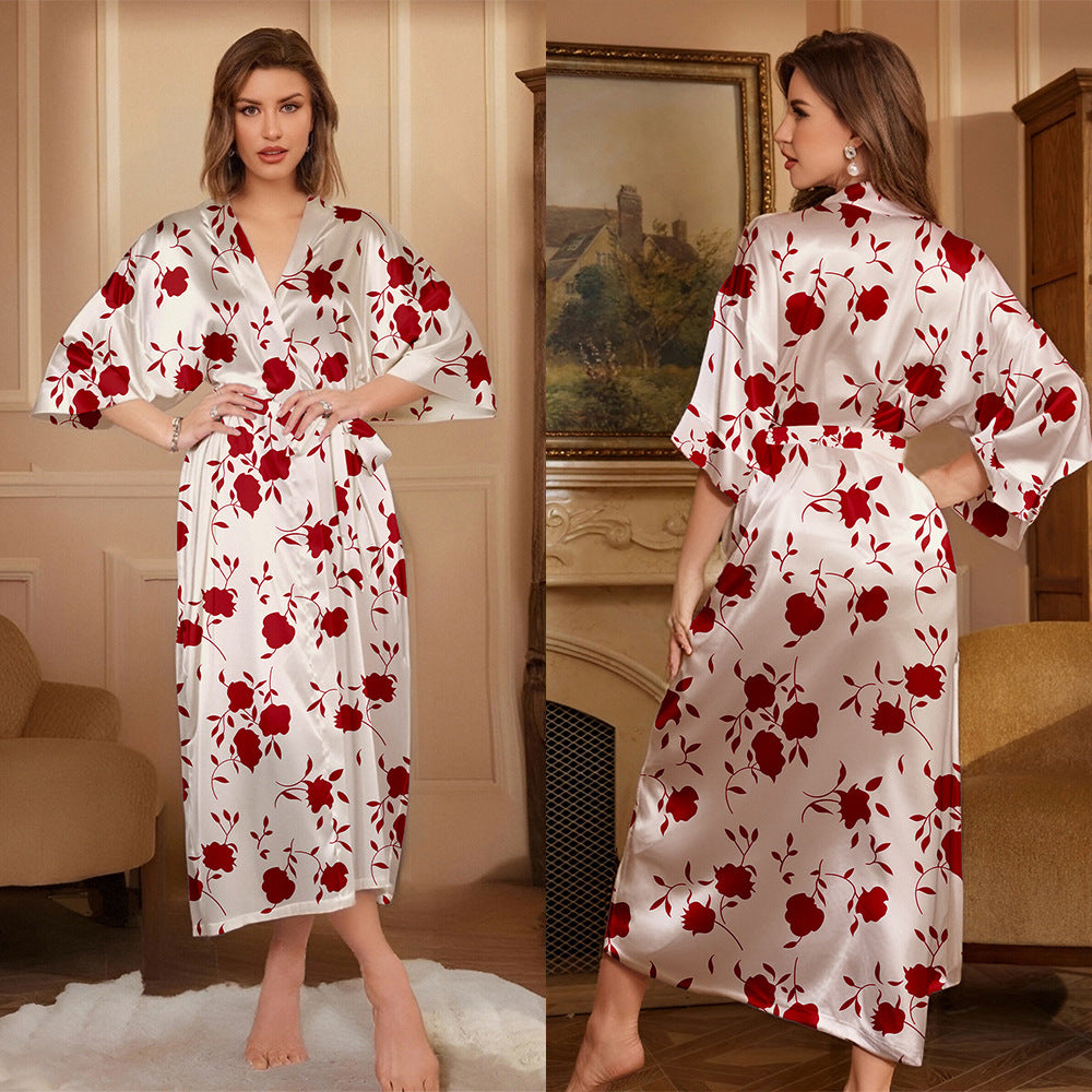 Women's Spring and Summer Casual Comfortable Thin Printed Long Robe Homewear