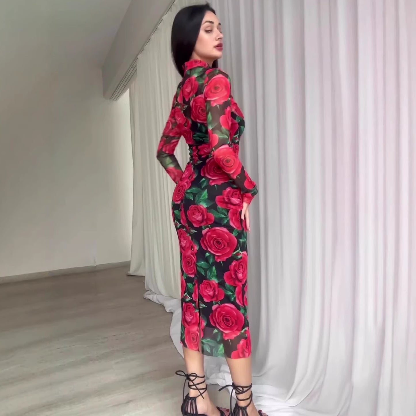 Flower Dress Printed Mid-Length  Floral New Autumn Cross-border Long Dress