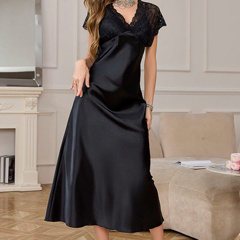 Women Summer  Sexy V-Neck Lace Short Sleeve Slit Sleepwear Homewear
