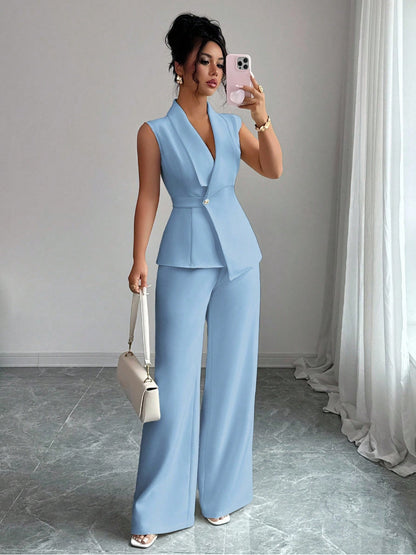 Sleeveless suit straight leg pants two-piece set