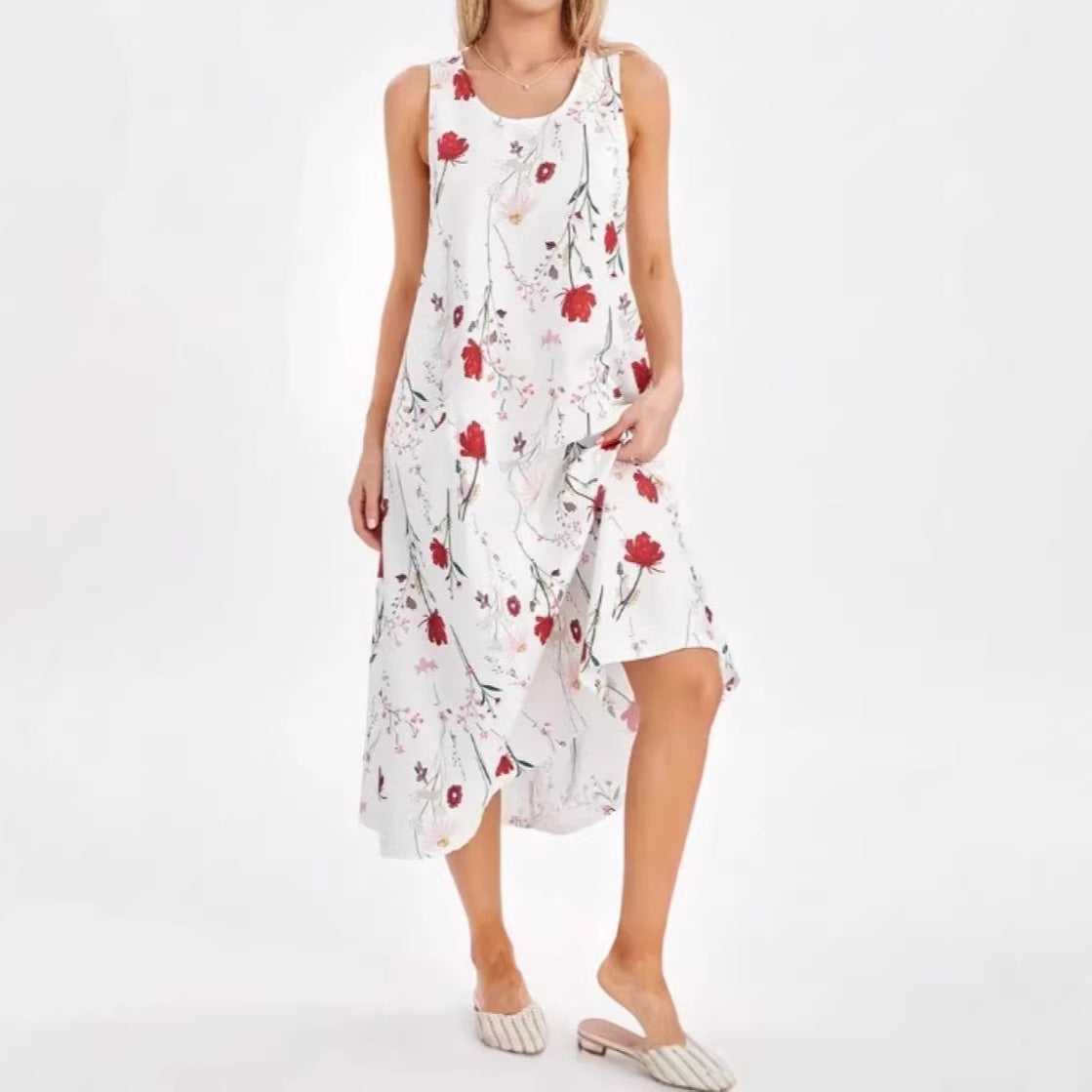 Summer Sleeveless Round Neck Printed Long Casual Vacation Versatile Dress