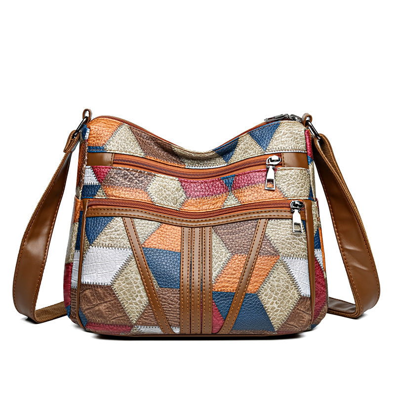 Splicing color blocking large capacity shoulder bag