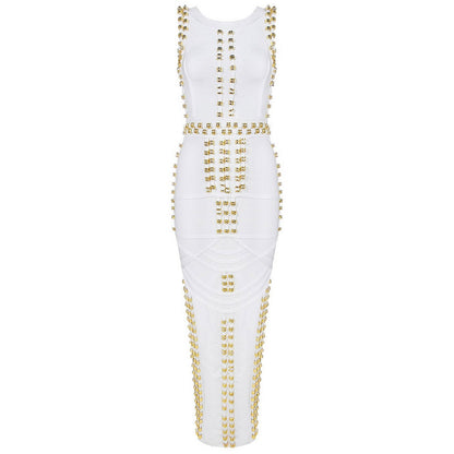 White Sleeveless Metal Ring Adorn Women's Bodycon New Fashion Midi Calf Bandage Dress