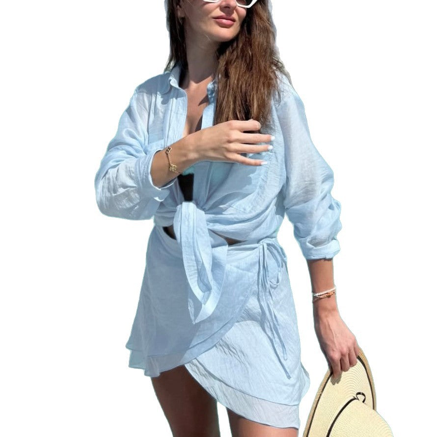 Fashionable Summer Beach Sun Protection Shirt Casual Vacation Dress Swimwear Cover-Up Blouse Set