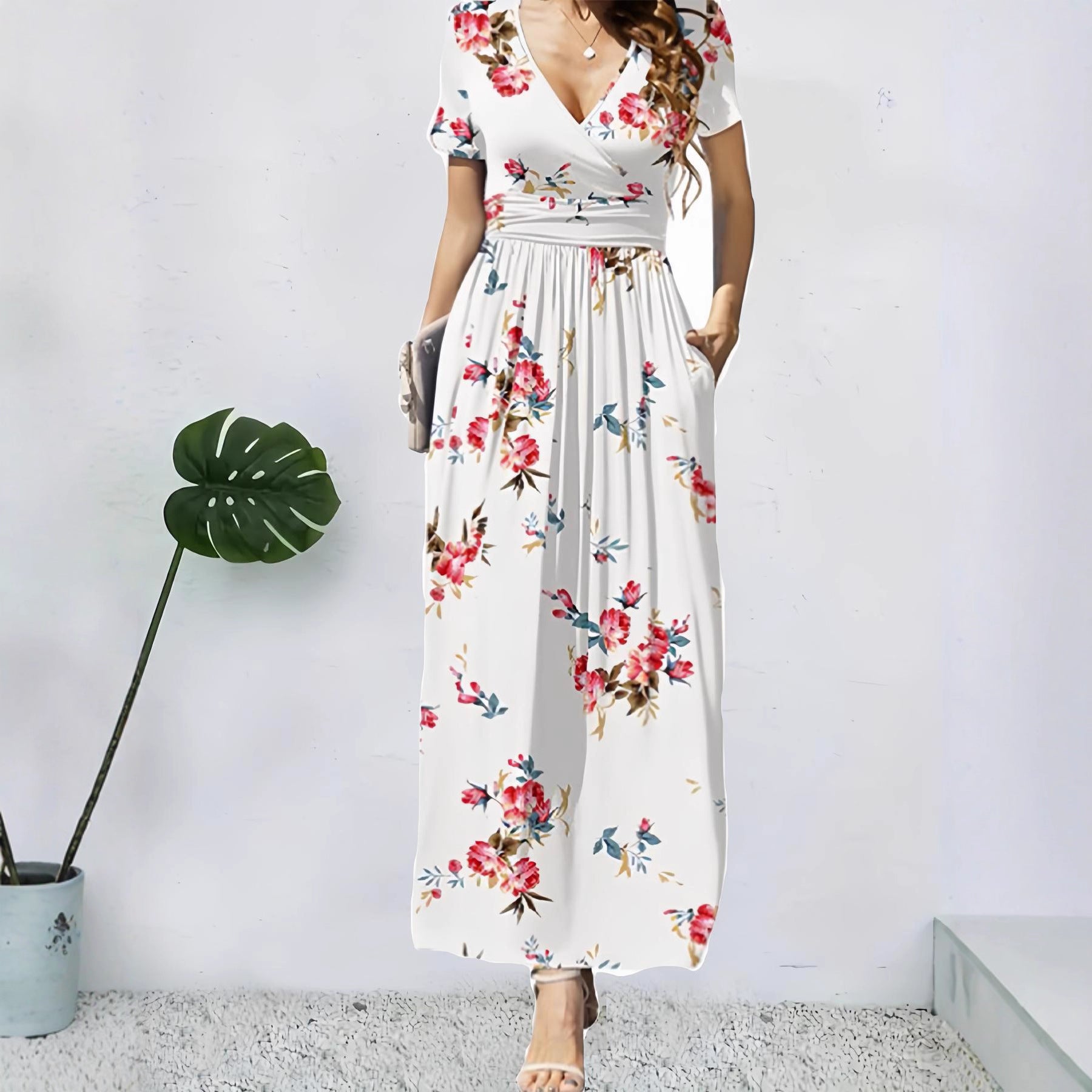 Elegant V-Neck Short Sleeve Wrap Dress with Pockets for Women