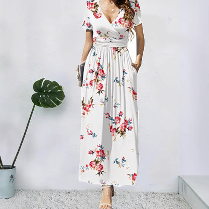 Elegant V-Neck Short Sleeve Wrap Dress with Pockets for Women