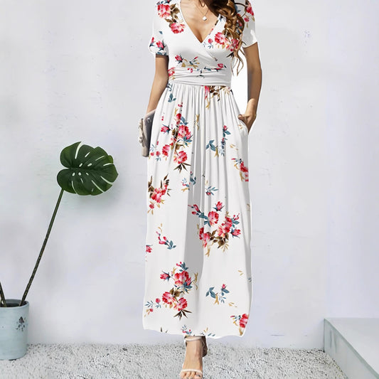 Elegant V-Neck Short Sleeve Wrap Dress with Pockets for Women