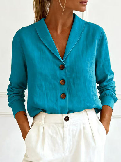 Cotton and linen long sleeved doll collar button down shirt