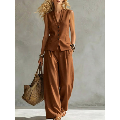 Solid color sleeveless casual linen vest and pants set