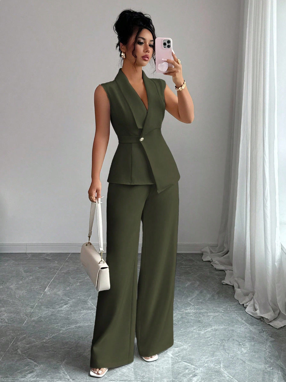 Sleeveless suit straight leg pants two-piece set