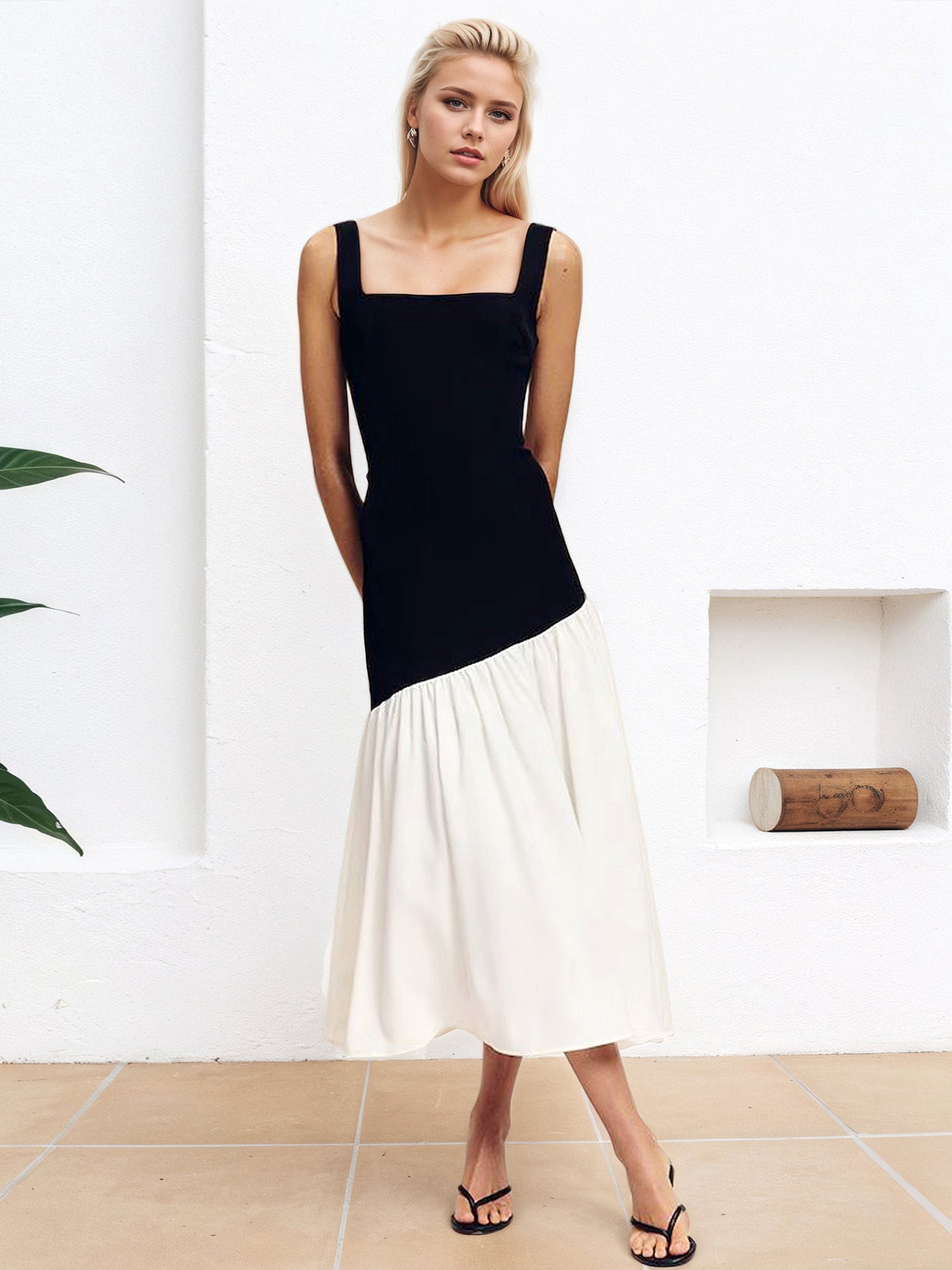 Sleeveless black and white contrasting long skirt