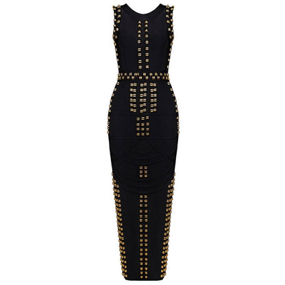 White Sleeveless Metal Ring Adorn Women's Bodycon New Fashion Midi Calf Bandage Dress