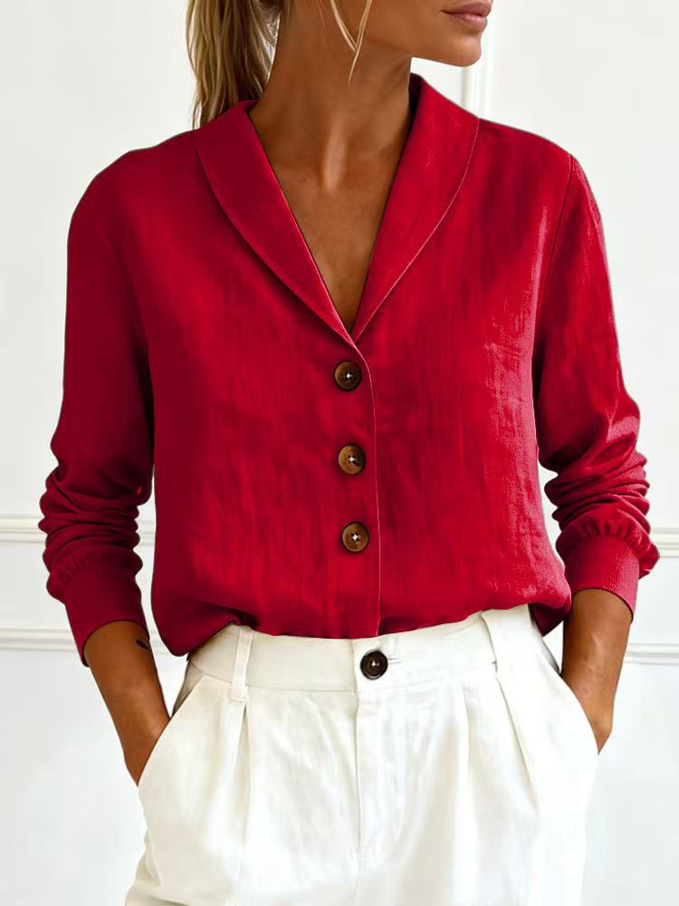 Cotton and linen long sleeved doll collar button down shirt