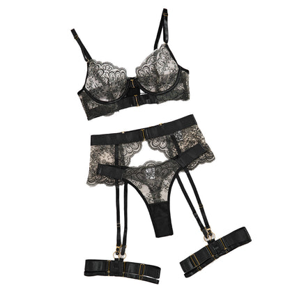 Women's four-piece shapewear set with sheer embroidered lace lingerie
