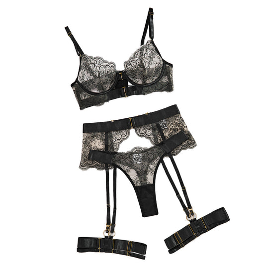 Women's four-piece shapewear set with sheer embroidered lace lingerie