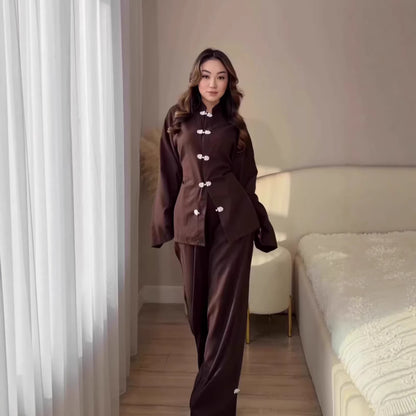 Vintage Comfortable Long Sleeve Loose Set, Simple Long Pants Casual Spring Outfit