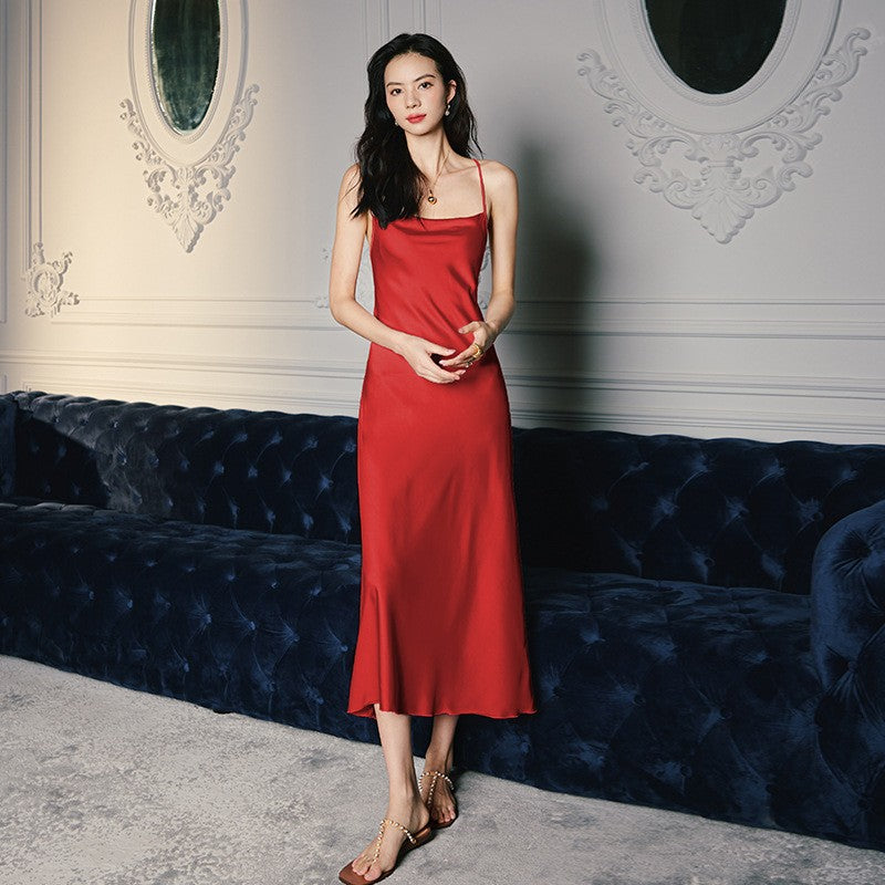 Women's Spring and Summer Swing Collar  Satin Homewear Thin Strap Dress Fresh