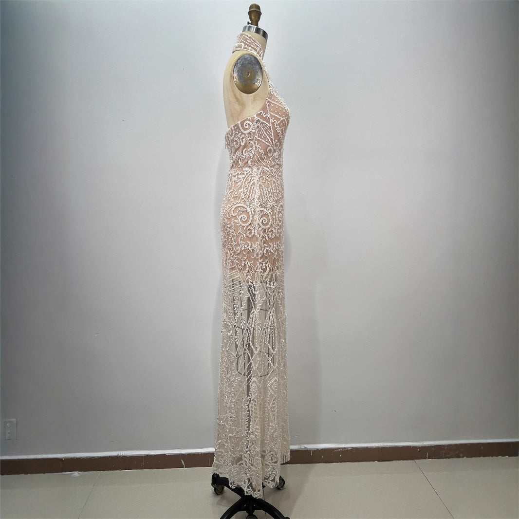 Fashion Sequin Women's Halter Sexy Sleeveless Sequin Fitted Long Bodycon Party Dress