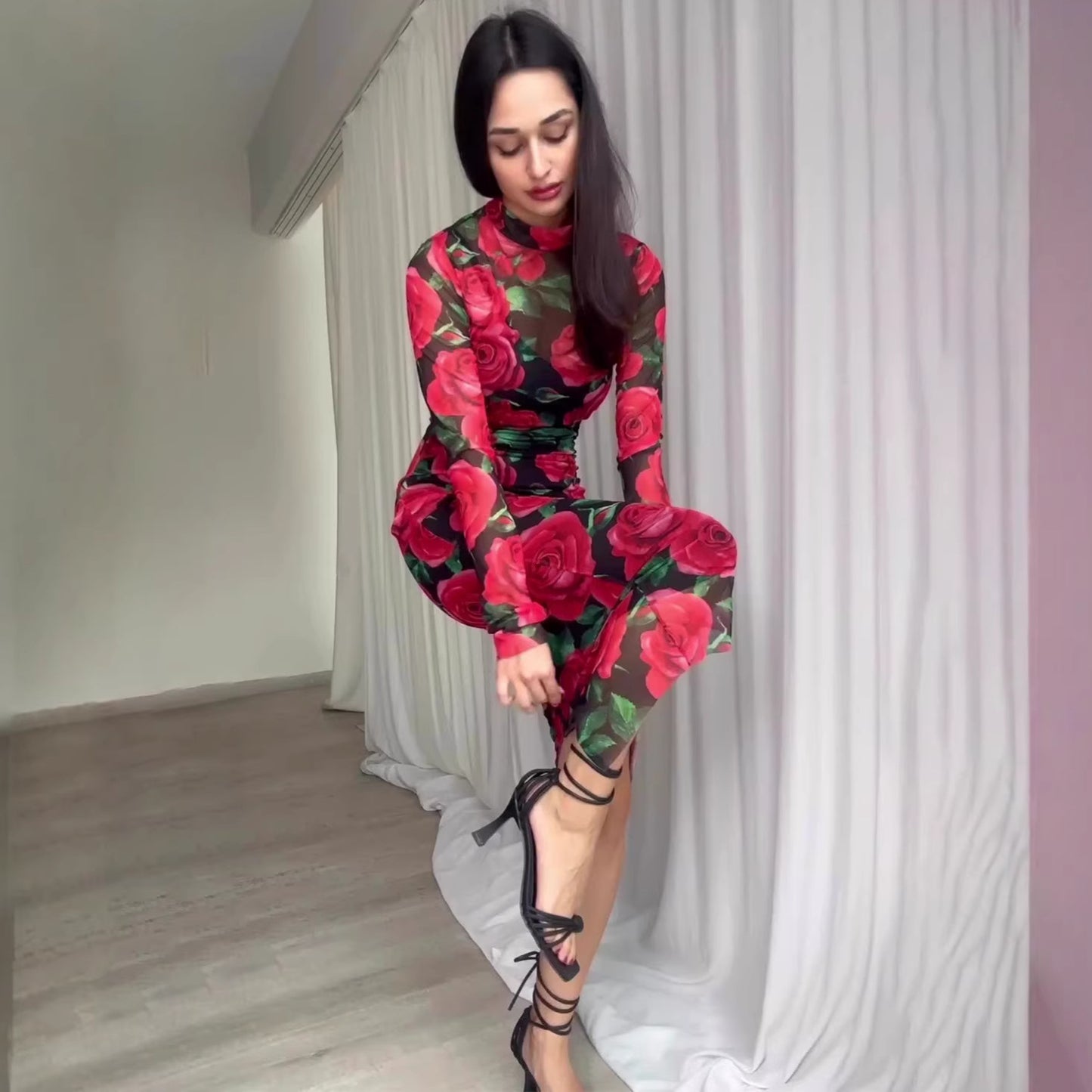 Flower Dress Printed Mid-Length  Floral New Autumn Cross-border Long Dress