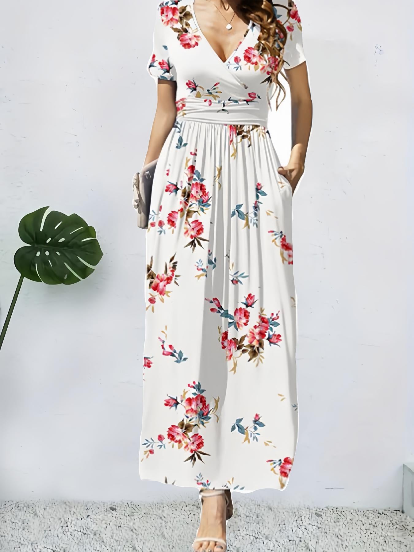 Elegant V-Neck Short Sleeve Wrap Dress with Pockets for Women