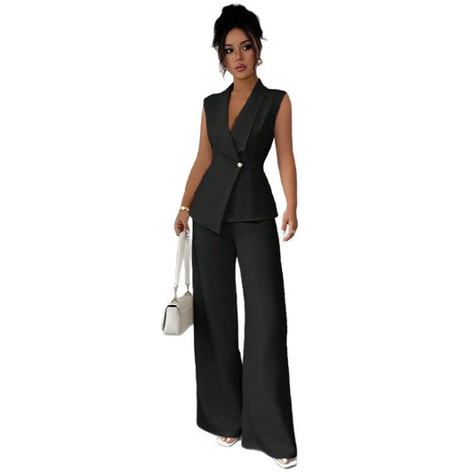 Sleeveless suit straight leg pants two-piece set