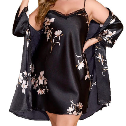 European and American Plus Size Women's  Nightgown and Robe Set  Homewear