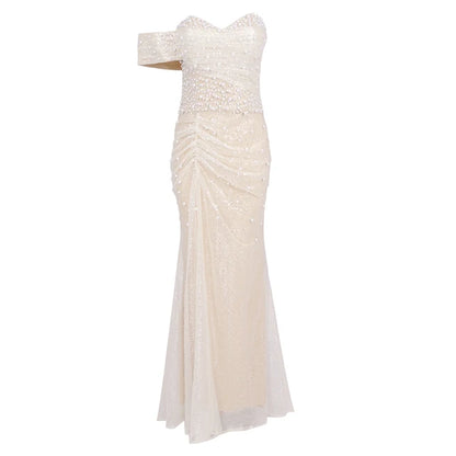 Wedding Dress For Women Elegant Off Shoulder Short Sleeves Pearl Sequins Design Sparkling Maxi Long Gown