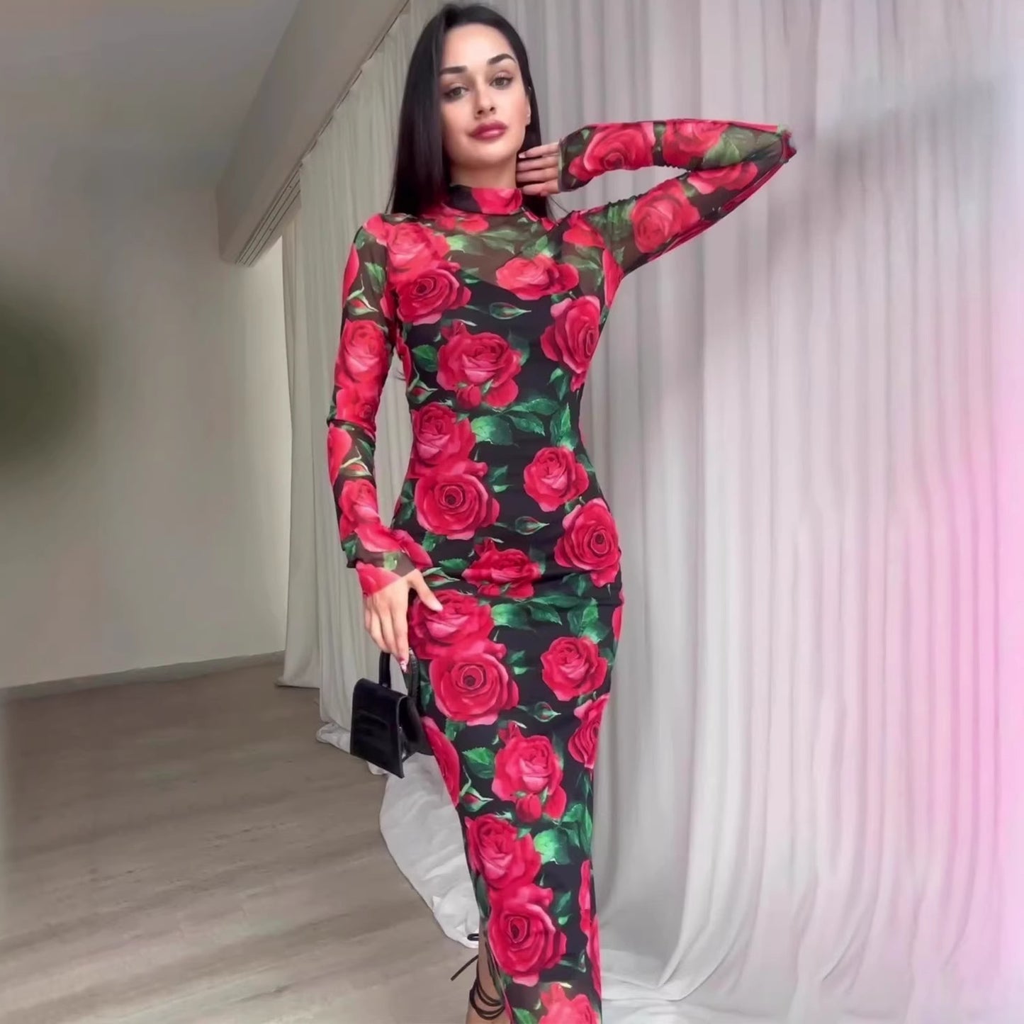 Flower Dress Printed Mid-Length  Floral New Autumn Cross-border Long Dress