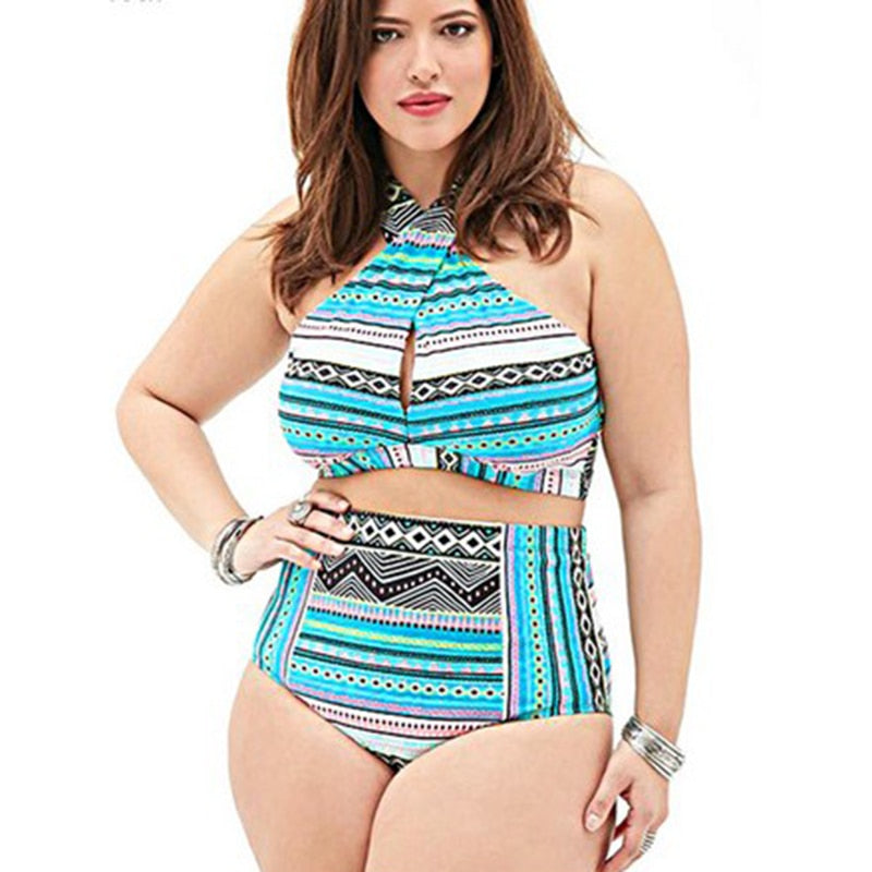 Plus Size Swimwear High Waist Swimsuit High Neck Bikini 2017 Cross Bikinis Women Swimsuit Top Bathing suit female swimwear 5XL