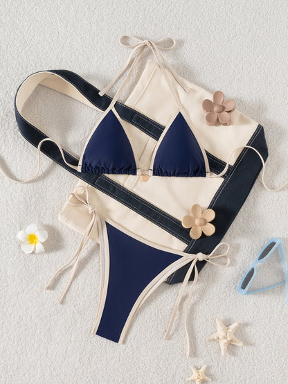 Swimwear Women Color Block Binding Strap Sexy Bikini Two-Piece Swimsuit