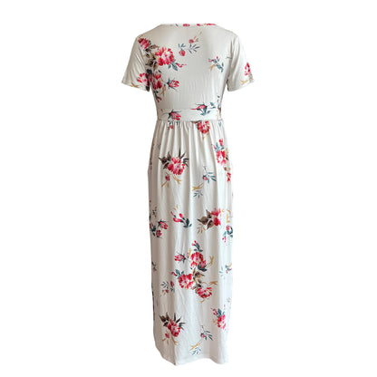 Elegant V-Neck Short Sleeve Wrap Dress with Pockets for Women