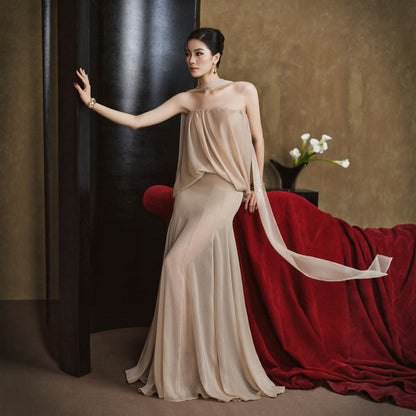 Fish Tail Dress Two-Piece Set Off-Shoulder Elegant Long Dress with Straps, Pleated Floor-Length Gown