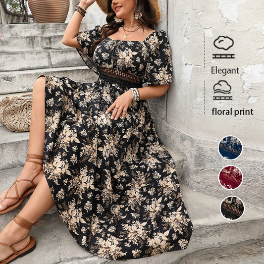 Vintage Square Neck Printed Plus Size Short Sleeve Dress