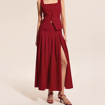 Sleeveless vest half skirt large umbrella slit skirt set