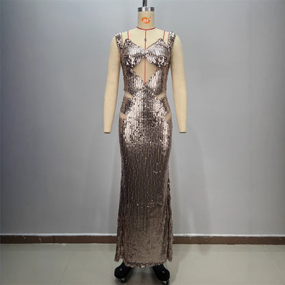 New Backless V-neck Sleeveless Fitted Sequined Casual Long Dress for Party
