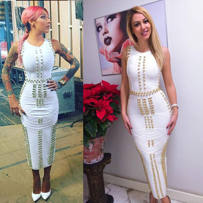 White Sleeveless Metal Ring Adorn Women's Bodycon New Fashion Midi Calf Bandage Dress