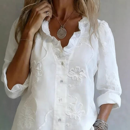 Lace printed cotton linen sweet shirt