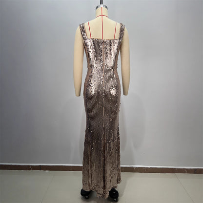 New Backless V-neck Sleeveless Fitted Sequined Casual Long Dress for Party