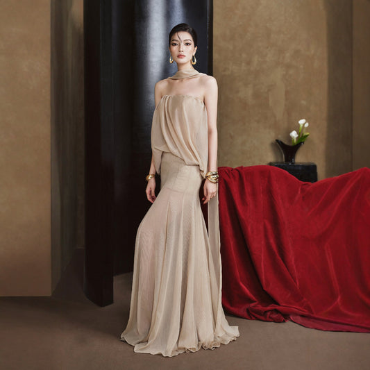 Fish Tail Dress Two-Piece Set Off-Shoulder Elegant Long Dress with Straps, Pleated Floor-Length Gown