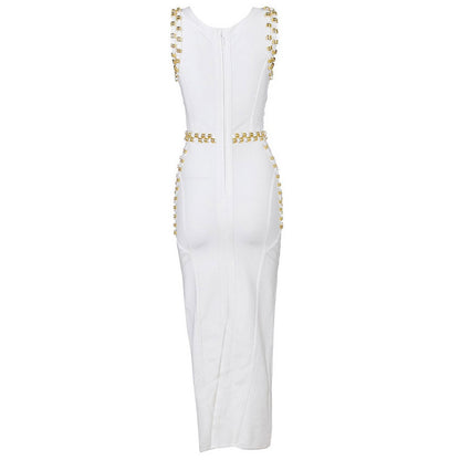 White Sleeveless Metal Ring Adorn Women's Bodycon New Fashion Midi Calf Bandage Dress