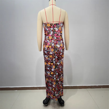 Women's Style Casual Backless Tube Top Slim Fit Floral Decorated Long Bodycon Dress