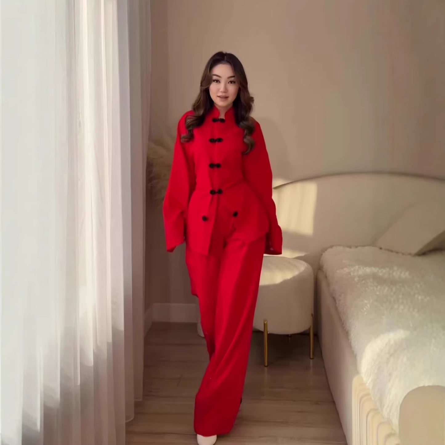 Vintage Comfortable Long Sleeve Loose Set, Simple Long Pants Casual Spring Outfit