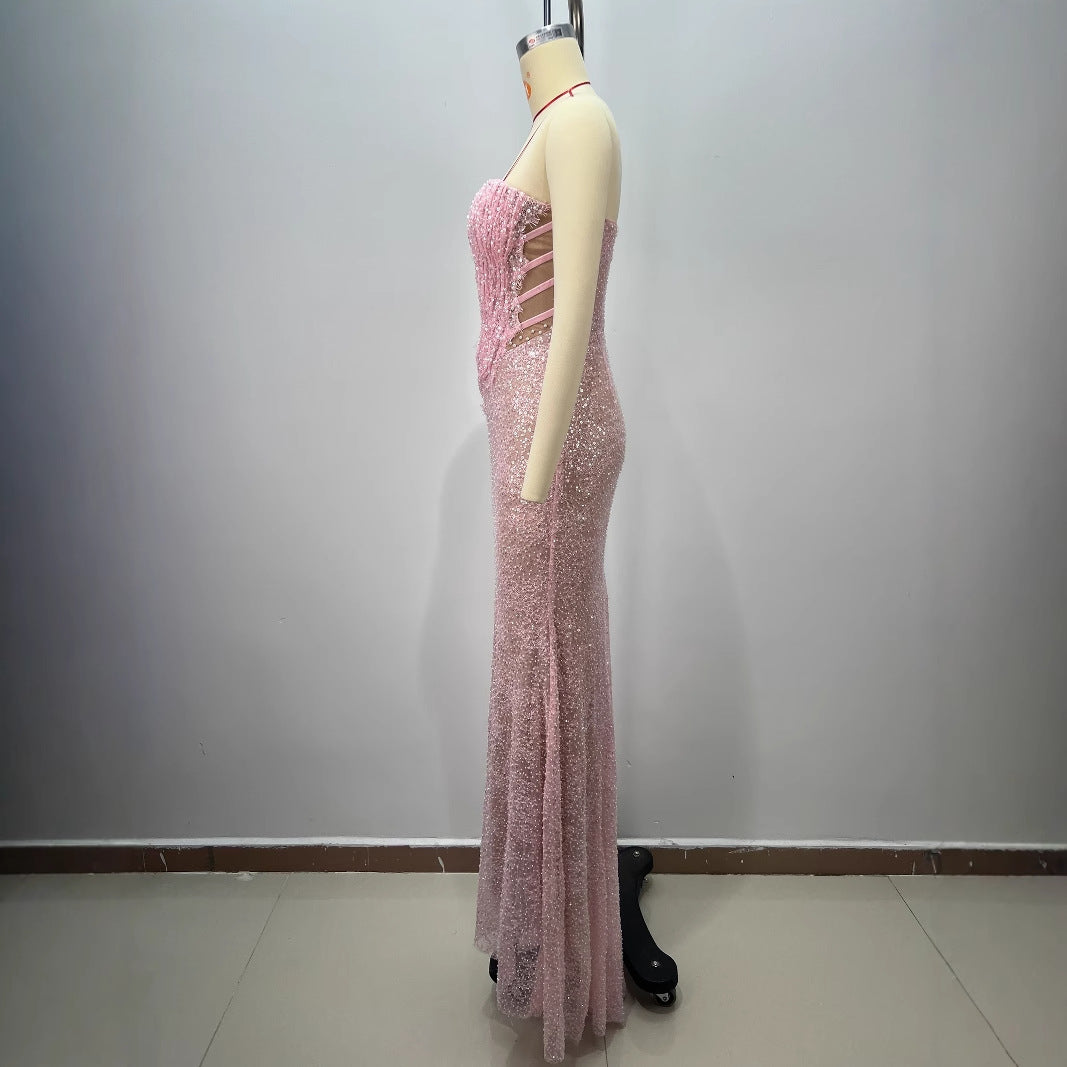 High-quality Fashion Backless One-Shoulder Tube Top Boned Design Beaded Sequined Casual Long Party Dress