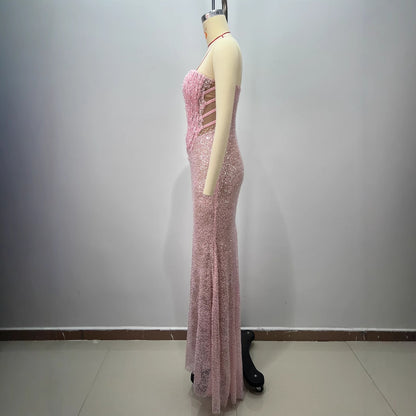 High-quality Fashion Backless One-Shoulder Tube Top Boned Design Beaded Sequined Casual Long Party Dress