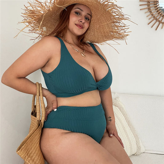 New Fat Woman Bandage Swimsuit Solid Color Plus Size Bikini